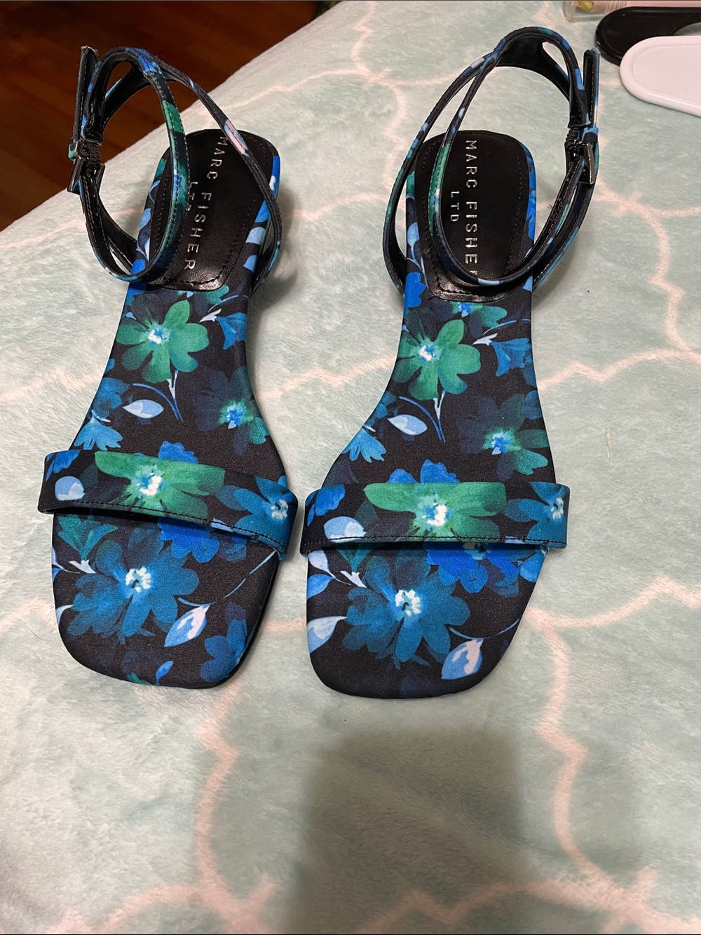 Marc Fisher Blue and Green Floral Ankle-Strap Sandals